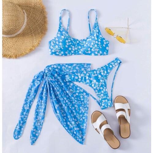 Sexy Floral Print Bikini Set Women Halter High Cut Push Up 3 Piece Swimsuit Brazilian Bather Bathing Suit Skirt Thong Swimwear