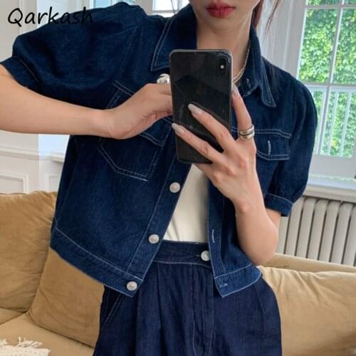 Puff Short Sleeve Jackets Women Summer Denim Vintage Cropped College Korean Style Fashion Streetwear Design Leisure Ladies Ins