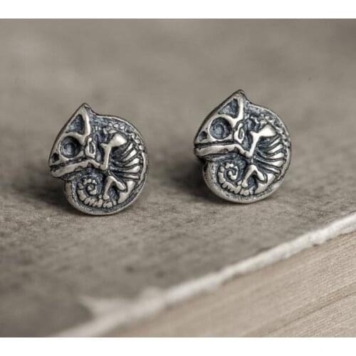 Hot Sell Punk Chameleon Skull Stud Earrings Genuine Antique 925 Sterling Silver Jewelry Rock Skeleton Earrings