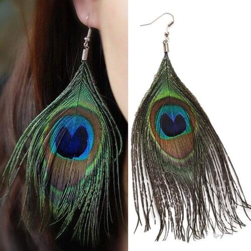 Fashion Exotic Peacock Feather Pendant Earrings Ethnic Vintage Jewelry Natural Feather Pendants New Assorted Color H6528 P35