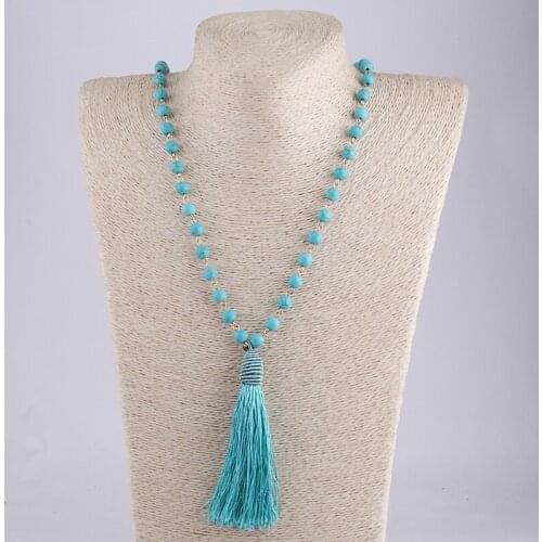 MOODPC Fashion Bohemian Tribal Artisan Jewelry Turquoises Blue Stone needle Tassel Women Necklace
