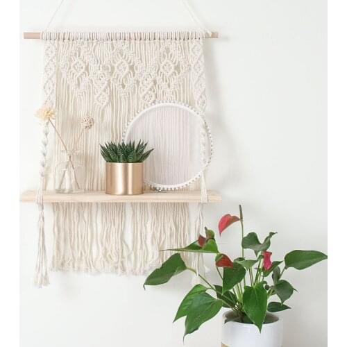 Cilected Handmade Tassel Macrame Tapestry Wall Hanging Shelf Boho Cotton Rope Woven Plant Hanger Wood Floating Shelf Wall Décor