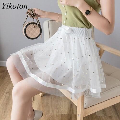 New Summer Chic Skirt Women Faldas Kawaii Mesh Ball Gown Kawaii Mini Skirts Sweet Cute With Bow Student High-Waisted Short Skirt