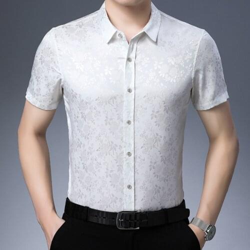 New 2019 Mens Summer Floral Silk Shirts Elegant Male Short Sleeve Silk Dress Shirt Free Shipping