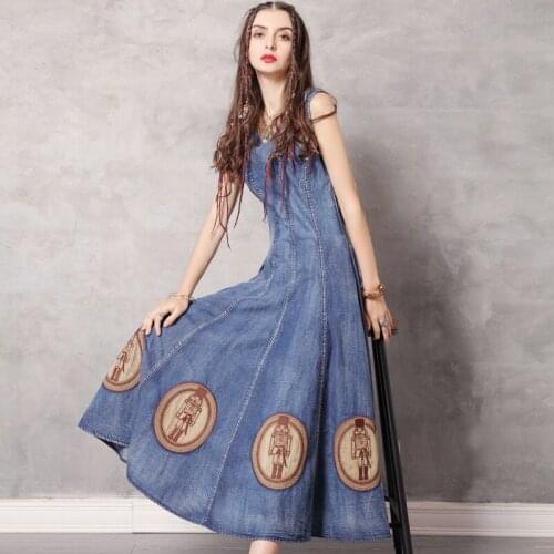 DUISNENA boho dress cotton denim tank dress summer dress floral embroidery vintage women dresses slim robe vestidos
