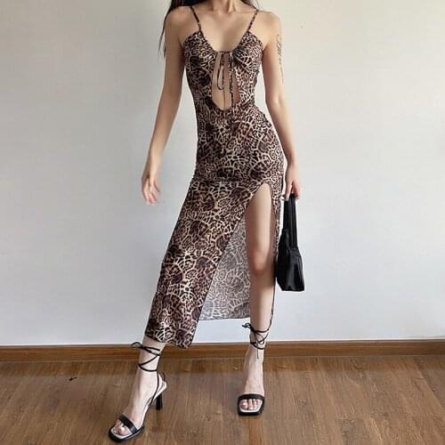 Robellii Spaghetti Strap Midi Dress Leopard Print Slim Skinny Sexy Club Party Dress High Split Elegant Women Beach Wear