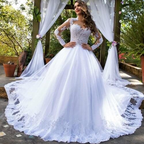 Sheer Long Sleeves Pure White Ball Gowns Wedding Dress 2020 Chapel Train Crystals Bridal Gowns VESTIDO DE NOIVA