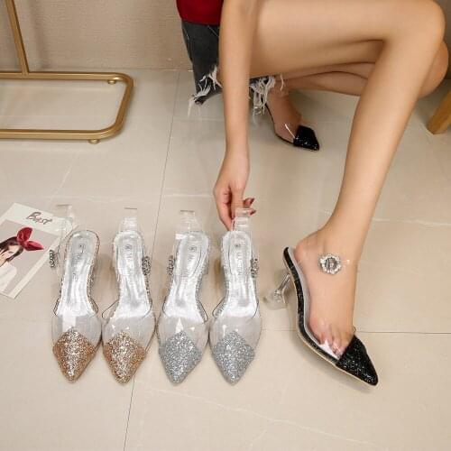 Summer Candy Color Matching Sequined Ladies Sandals Sexy Party Women Shoes PVC Transparent Ankle Strap Buckle Pointed High Heels