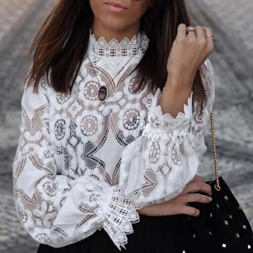 Women White Lace Blouse Long Sleeve Round Collar Women Top Elegant Patchwork Crochet Women Top Large size