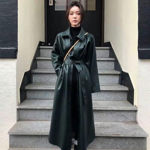 Cool PU Leather Long Jacket 2020 New Spring Women Loose Belt PU Leather Windbreaker Trench Coat Slim Autumn Jacket NS939a