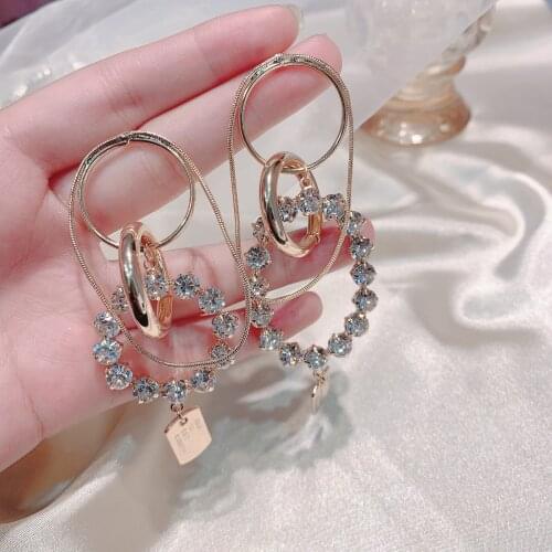 Korean Fashion Geometric Metal Double Circle Drop Earrings For Women Girls Oval Crystal Party Pendientes Jewelry Gift