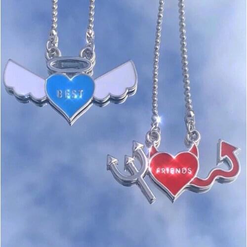 Minar Statement 2 Designs Cartoon Angel Devil Love Heart Pendant Necklace for Women Girls Metallic Beaded Necklace Accessories