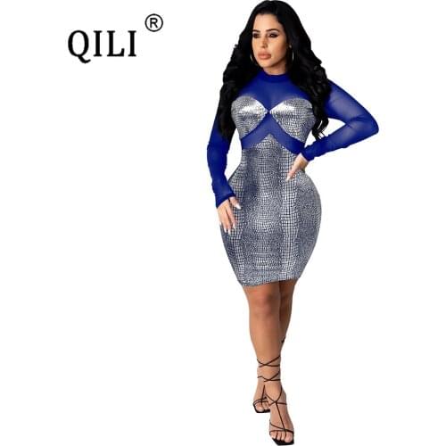 QILI New Arrivals Mesh Bronzing Dress Shiny Sexy Patchworw Slim Nightclub Dress Long Sleeve Party Dresses See Through