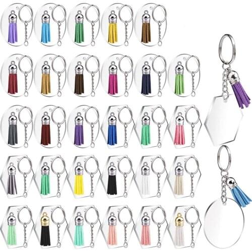 15 Acrylic Circle Discs,15 Hexagon Discs, Circle Key Chains and Colourful Tassel Keyring for DIY Projects and Crafts