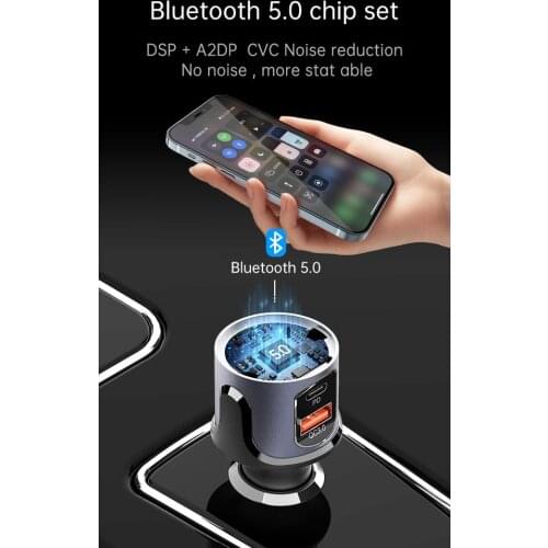 Car Bluetooth 5.0 FM Transmitter USB A QC 18W + USB Type-C PD 18W Dual Port Mobile Phone Charger