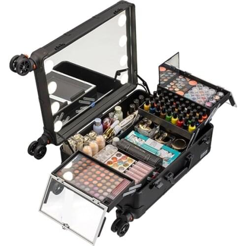 Aluminum Bracket With Lamp Cosmetic Tool Case Rolling Wheels Travel Suitcase Makeup Case On Beauty Nail Tattoo Manicure Trolley
