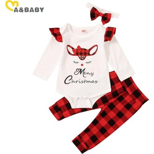 Ma&Baby 3-24M Infant Newborn Baby Girl Merry Christmas Clothes Set Deer Romper Plaid Pants Headband Outfits Xmas Clothing