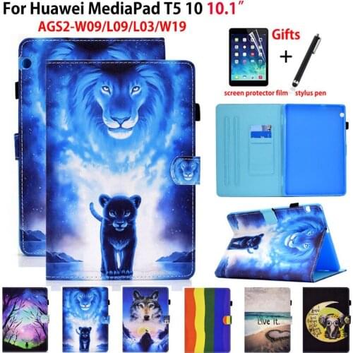 For Huawei MediaPad T5 10 Case Cover AGS2-L09 AGS2-W09 AGS2-L03 AGS2-W19 10.1" Funda Coque Cartoon Lion Wolf Stand Shell +Gift