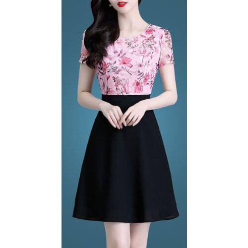 Fake Two Chiffon New Womens Summer Elegant Temperament Womens Spring Dress Show Thin Short Sleeve Cocktail Dresses 9050