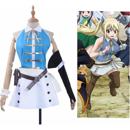 Fairy Tail Cosplay Costume Lucy Heartfilia Sexy Open Back Top White Mini Skirt Socks Bag Halloween Cloth for Woman Carnival