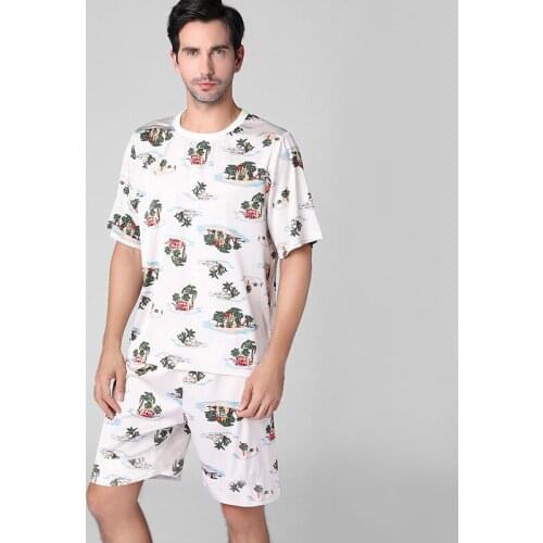 Men Summer Pajamas Sets Spring Sleepwear Top +Pant Leisure One Neck Silk Mens Thin Loose Plus-sized Homewear Sets