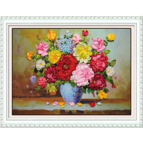 50x65cm 3D Tender flowers Ribbon embroidery kit stain painting set handcraft kit DIY handmade needlework art home decor