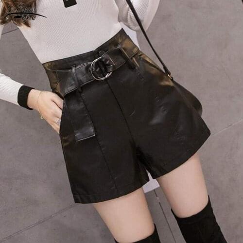 Autumn Winter 2021 New Black PU Faux Leather Womens Shorts Sashes High Waist Wide Leg Shorts Elegant Female Trousers 17189