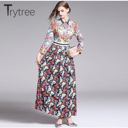 Trytree 2020 Summer Autumn Women Dress Casual Turn-down Collar Shirt Dresses Print Floral A-line Ankle-Length Office Lady Dress