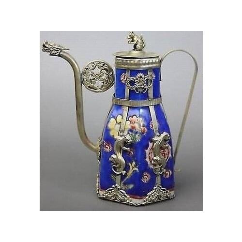 Stick Crafts Arts NICE CHINESE Chinese Blue Porcelain Dragon Leopard Tea Pot 2117S Garden Brass Bronze