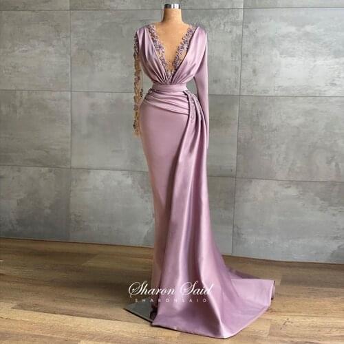 Dusty Pink Mermaid Arabic Evening Dress with Overskirt Long Sleeve Dubai Women Wedding Party Gowns Sexy V-Neck Prom Formal Dress
