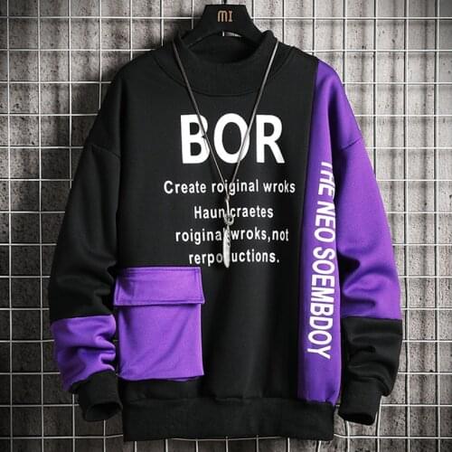 Letter Printed Sweatshirt Men 2021 New High Street Hoodie Mens Fashion Patchwork Sweatshirts with Pocket Male O-Neck Casual Top