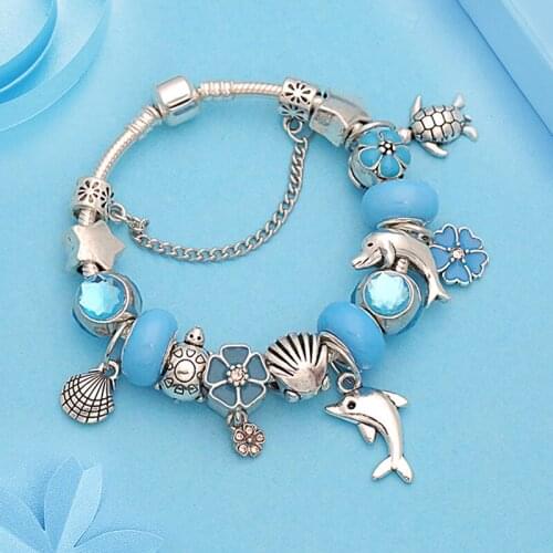 Vintage Tibetan Silver Dolhin Shell Turtle Pendants Charm Bracelet Blue Flower Crystal Bead Bracelet for Men Pulseira Masculina