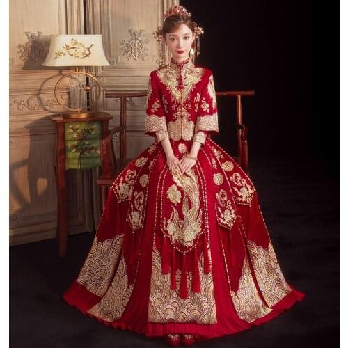 Vintage Phoenix Embroidery Chinese Traditional Couple Wedding Suit Cheongsam Elegant Bride Qipao Dress китайская одежда