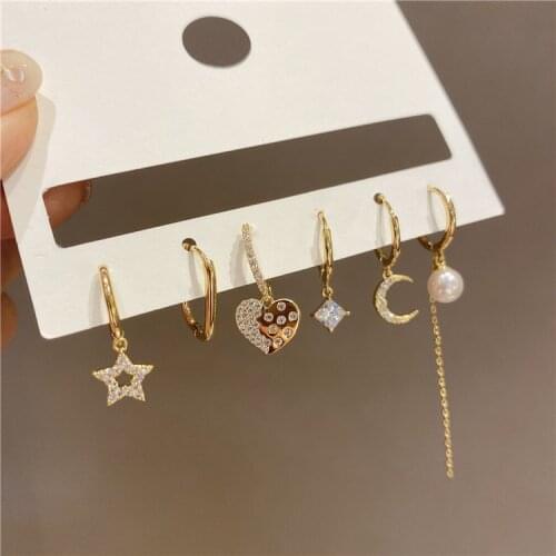 Pearl Zircon Crystal Ear Buckle 6 PieceSet Earrings Fashion Jewelry For Women Star Moon Heart Dangle Vintage Earring Trend Gift