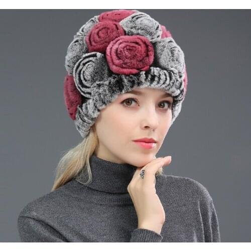 Women Real Rex Rabbit Fur Beanies Cap Hand-Woven Winter Warm Hats With Rose Flowers