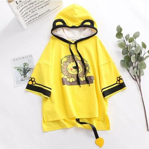 Womens Hooded Cotton T Shirts Cartoon Print Funny T Shirt 2020 Spring Short Sleeve Drawstring T Shirt Harajuku Cute Tops Tees