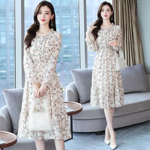 Women Long Oversize Chiffon Floral Dress Autumn Spring Runway 2020 Korean Vintage Dress Elegant Boho Long Sleeve Dress fairy