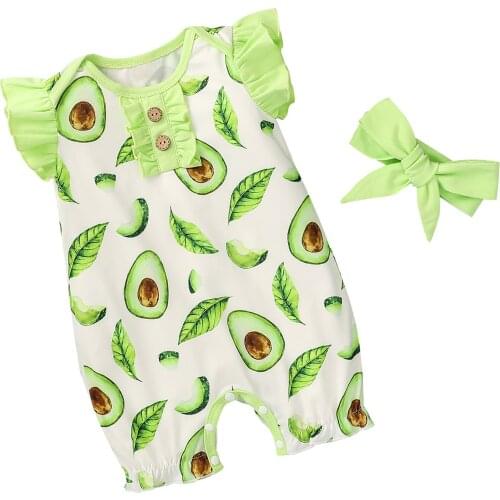 2Pcs Baby Girls Outfit Sweet Style Summer Fruits Printing Lace Button Decoration Fly Sleeve Round Collar Romper + Headwear Set