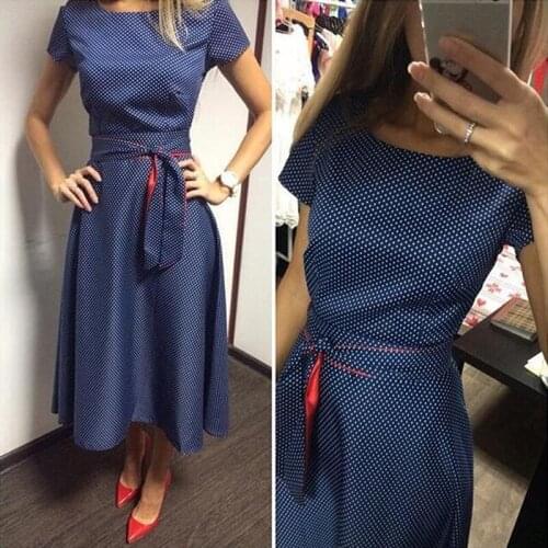Women Hepburn Style Dress Calf Lenght O-neck Maxi Dress Women Party Dress With SashesSummer Fashion Dots Dress
