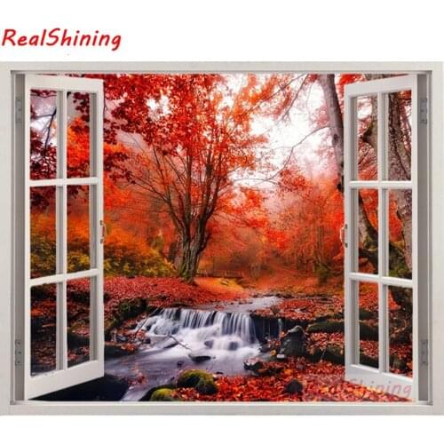 5D Diy Diamond Painting Cross Stitch full Square Diamond Embroidery Autumn forest creek window picture for room Decor H1121