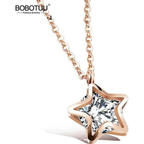 BOBOTUU New Star Mosaic Cubic Zirconia Pendant Necklace Titanium Steel Rose Gold Chic Star Pendant Women Necklace BN17066