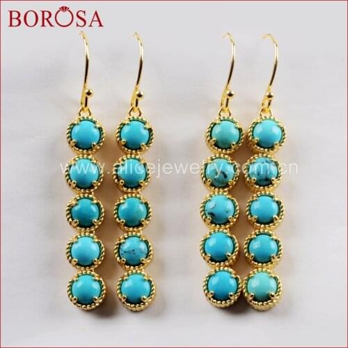 BOROSA 5Pairs Gold Color Bezel Five Round Natural Turquoises Bar Earrings For Women Dangle Earring ZG0336