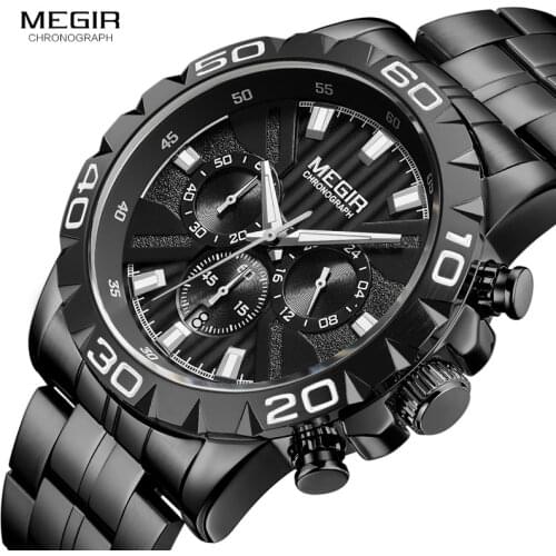 MEGIR Mens Business Quartz Watches Stainless Steel Waterproof Chronograph Luminous Wristwatch Man Relogios Clock 2087 black