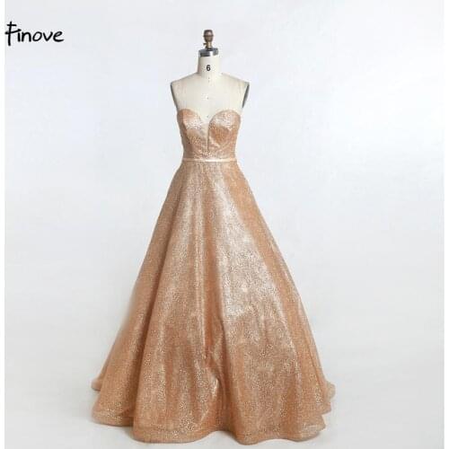 Finove Noble Champagne Prom Dresses 2020 New Sexy Sweetheart Lace Up Back Simple Sparkle Sequined Floor Length Party Ball Gowns
