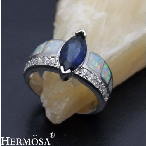 Hermosa Big Promotion Women Natural Australian Opal BlueSapphire Fantasy Promise Ring Size 7 DF80