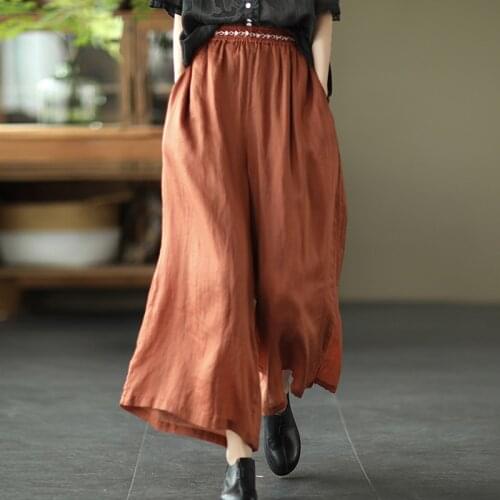 Johnature 2021 Women Wide Leg Pants Ramie Solid Color Casual Elastic Waist Loose All-match Embroidery Vintage Elegant Pants