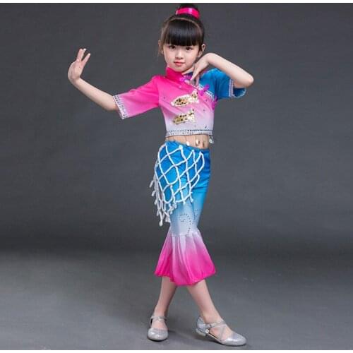 Classical Childrens Yangko Dancewear for Girls National Umbrella Fan Dancing Dancer Ancient Tradition Kids Hanfu Dance Costume