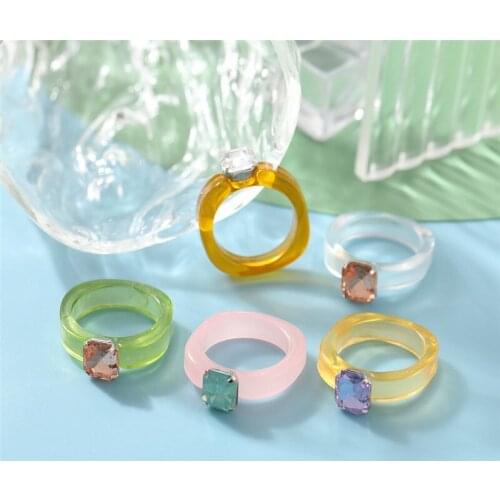 LETAPI New Colourful Transparent Resin Acrylic Rhinestone Geometric Square Round Rings Set for Women Jewelry Travel Gifts