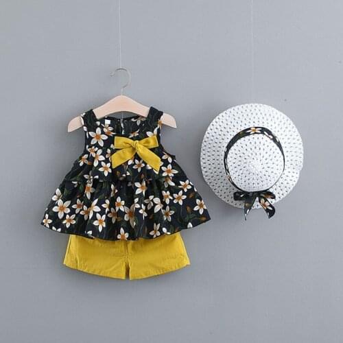 Summer girls fashion childrens Printed vest suit Beach vacation set of Toddler top + shorts+sunhat 3-piece Baby outfit