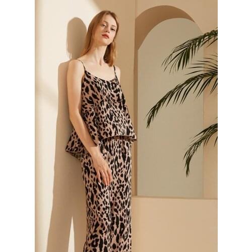 Summer womens pajamas suit leopard print rayon suspender trousers suit sexy womens home service two-piece suit